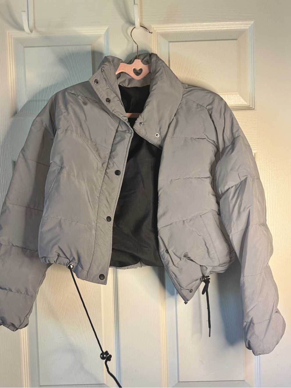 Cropped  glow in the dark Light Gray Puffer Jacket with Drawcord Hem